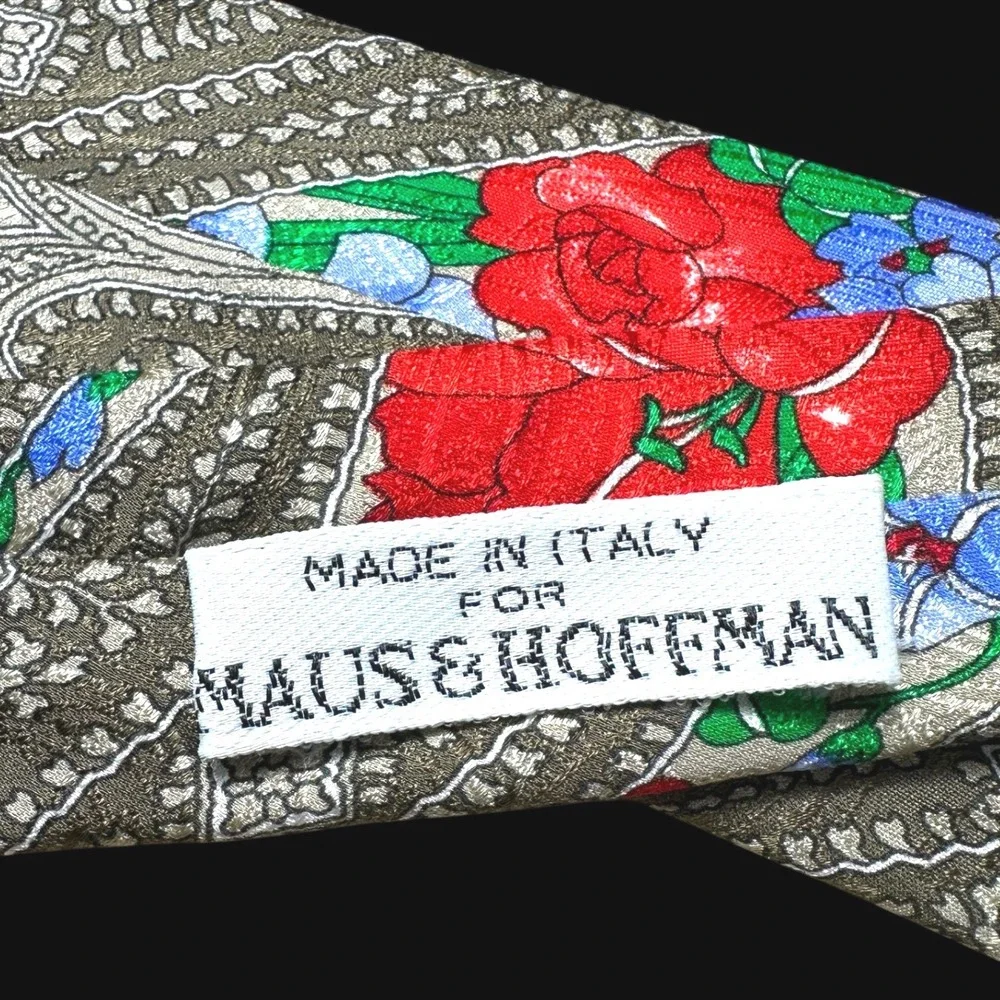 Leonard Paris Maus & Hoffman Mens Silk Tie Paisley Floral Red Green Italy France